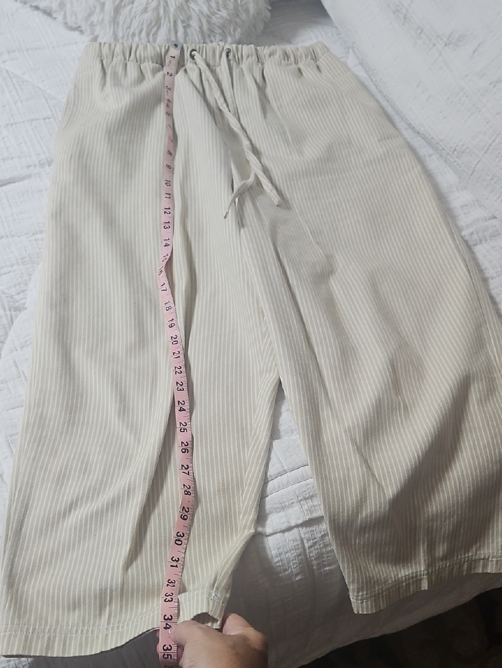Denim&Co Cream Pinstripe Cropped Wide-Leg Drawstring Pants
